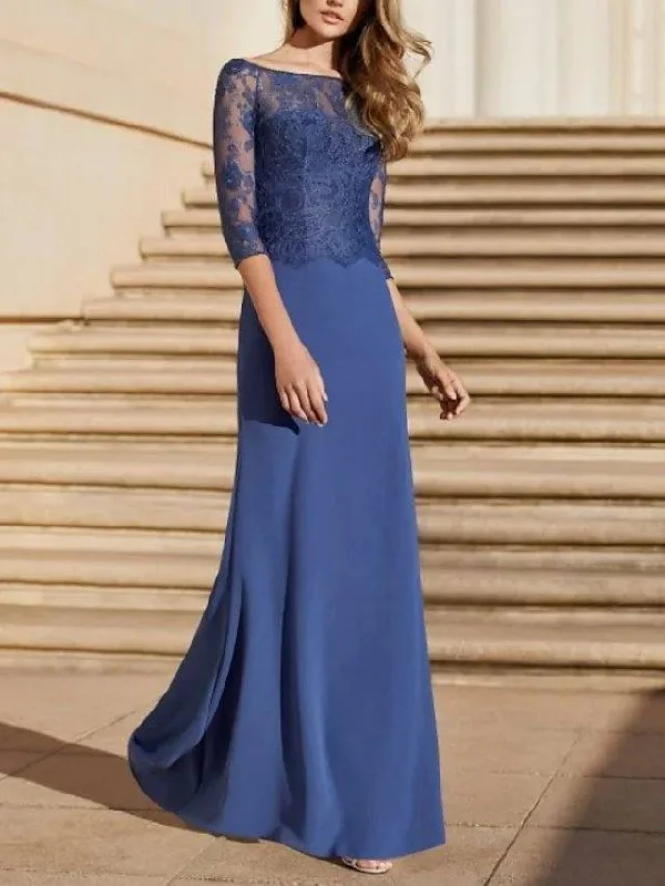 A-Line Mother of the Bride Dress Elegant Off Shoulder Floor Length Chiffon Lace Half Sleeve with Appliques A-Line Mother of the Bride Dress Elegant Off Shoulder Floor Length Chiffon Lace Half Sleeve with Appliques