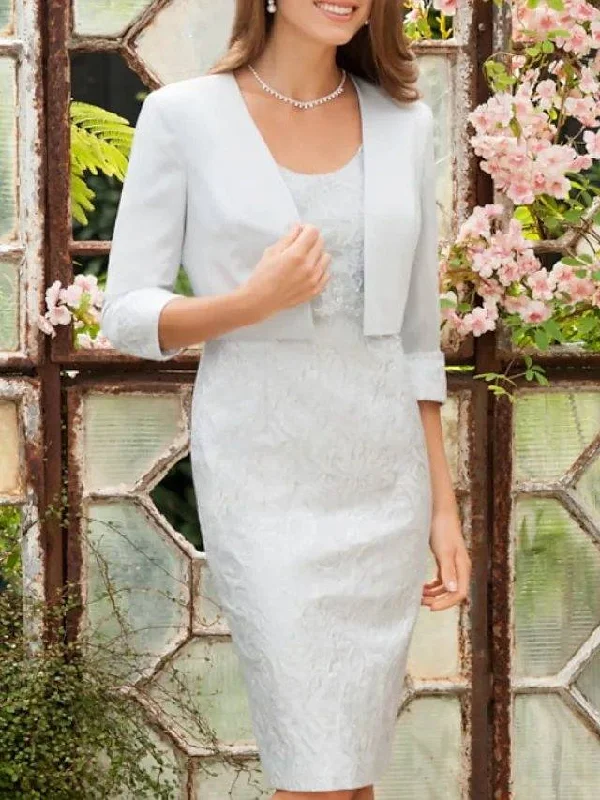 Two Piece Sheath / Column Mother of the Bride Dress Elegant Scoop Neck Knee Length Stretch Fabric Half Sleeve with Appliques Two Piece Sheath / Column Mother of the Bride Dress Elegant Scoop Neck Knee Length Stretch Fabric Half Sleeve with Appliques