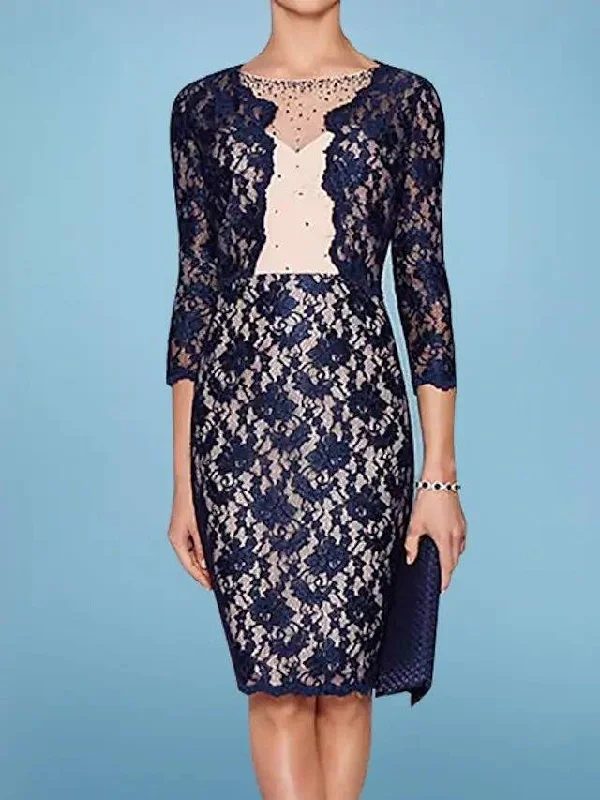 Two Piece Sheath / Column Mother of the Bride Dress Elegant Illusion Neck Knee Length Lace Satin 3/4 Length Sleeve with Beading Two Piece Sheath / Column Mother of the Bride Dress Elegant Illusion Neck Knee Length Lace Satin 3/4 Length Sleeve with Beading