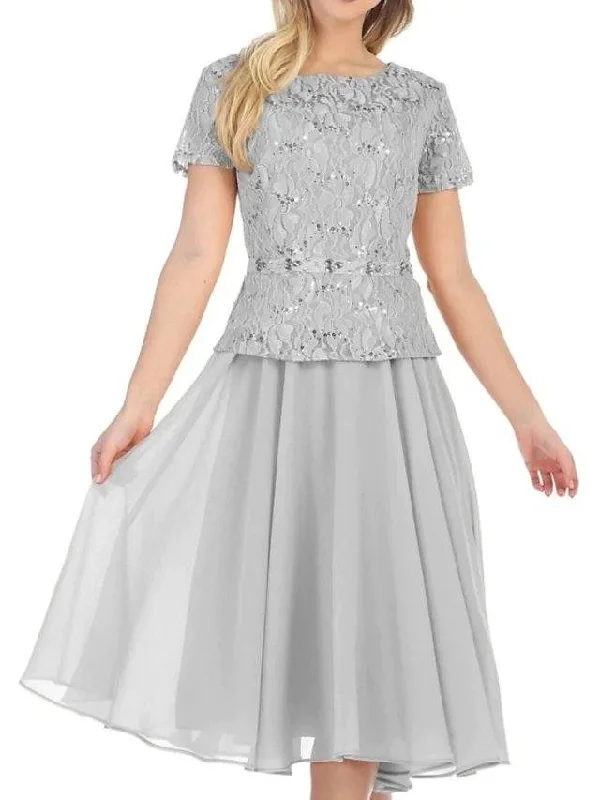 A-Line Mother of the Bride Dress Elegant Jewel Neck Tea Length Chiffon Lace Short Sleeve with Sequin A-Line Mother of the Bride Dress Elegant Jewel Neck Tea Length Chiffon Lace Short Sleeve with Sequin