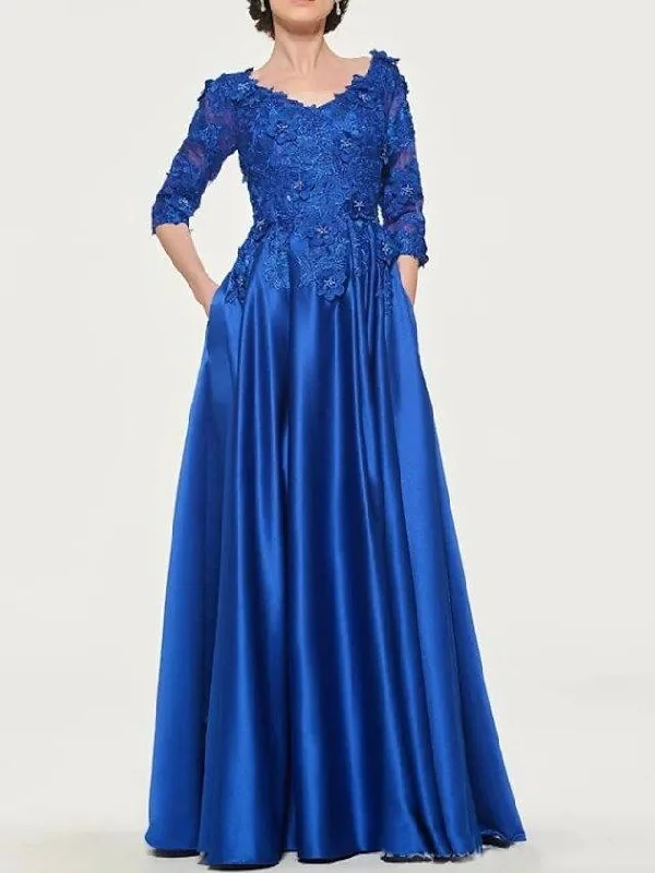 A-Line Mother of the Bride Dress Elegant V Neck Floor Length Lace Satin 3/4 Length Sleeve with Pleats Appliques A-Line Mother of the Bride Dress Elegant V Neck Floor Length Lace Satin 3/4 Length Sleeve with Pleats Appliques