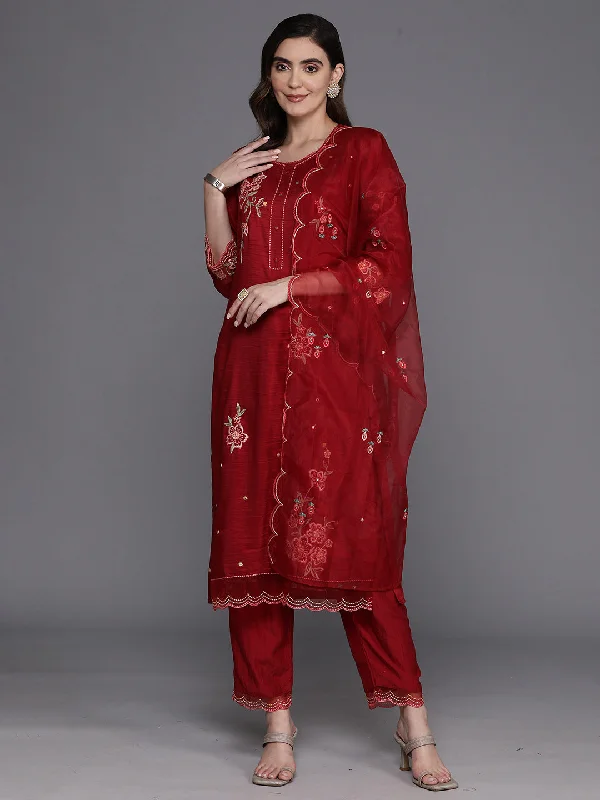 Women's Maroon Embroidered Straight Kurta Trousers With Dupatta Set - Indo Era Trousers Ceremony Elegant