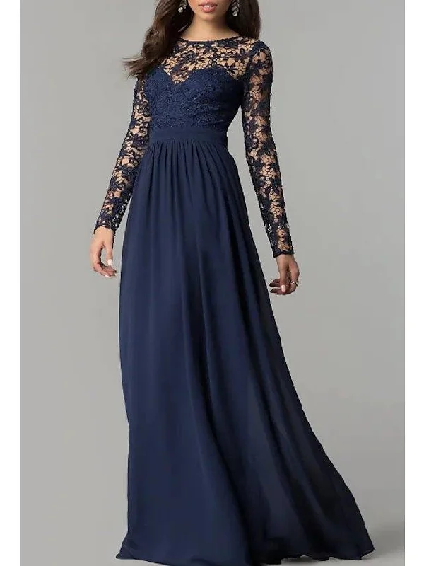 Sheath / Column Mother of the Bride Dress Elegant Jewel Neck Floor Length Chiffon Lace Long Sleeve with Appliques Ruching Sheath / Column Mother of the Bride Dress Elegant Jewel Neck Floor Length Chiffon Lace Long Sleeve with Appliques Ruching