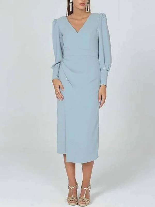 Sheath / Column Mother of the Bride Dress Elegant V Neck Tea Length Stretch Fabric Long Sleeve with Ruching Sheath / Column Mother of the Bride Dress Elegant V Neck Tea Length Stretch Fabric Long Sleeve with Ruching