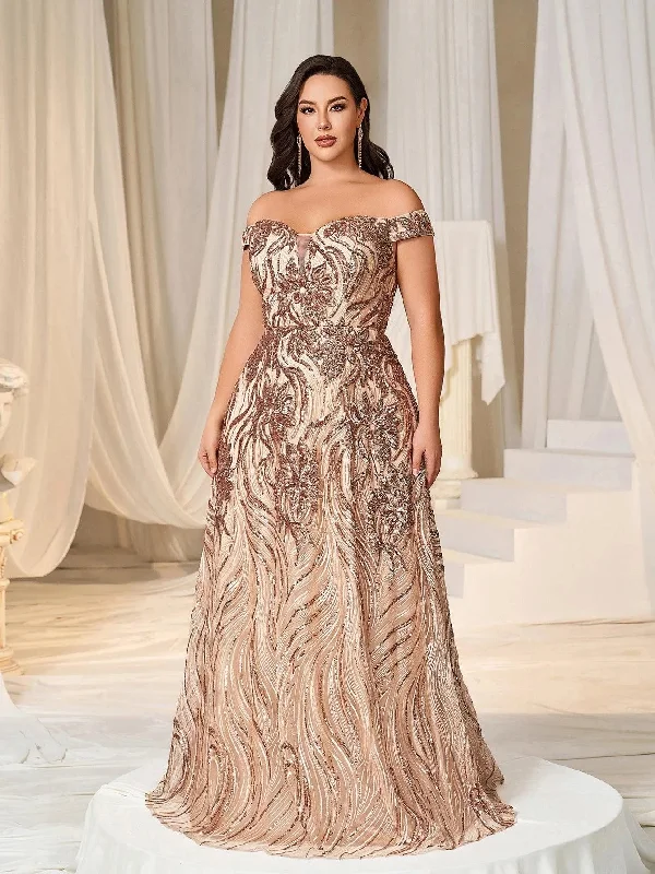 Plus Off Shoulder Graphic Sequin Formal Prom Dress Evening Dress