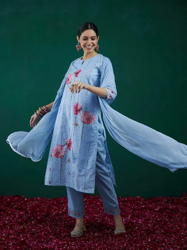 Women's Blue Printed Straight Kurta Trousers With Dupatta Set - Indo Era Trousers cozy soft