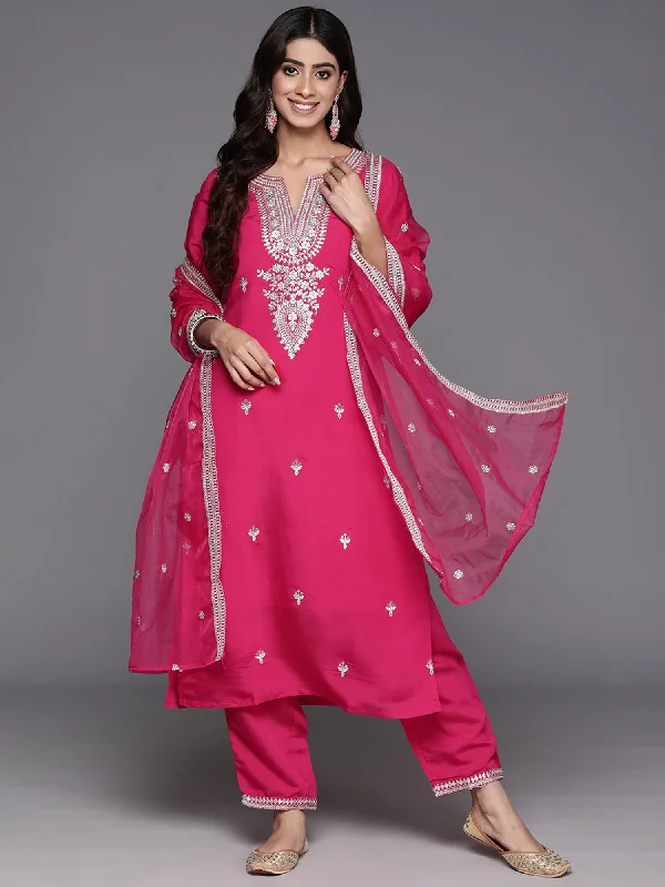 Women's Pink Embroidered Straight Kurta Trousers With Dupatta Set - Indo Era Trousers Satin Smooth