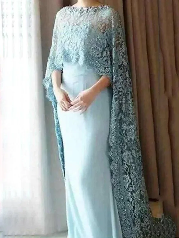 Sheath / Column Mother of the Bride Dress Elegant Jewel Neck Floor Length Chiffon Lace 3/4 Length Sleeve with Lace Appliques Sheath / Column Mother of the Bride Dress Elegant Jewel Neck Floor Length Chiffon Lace 3/4 Length Sleeve with Lace Appliques