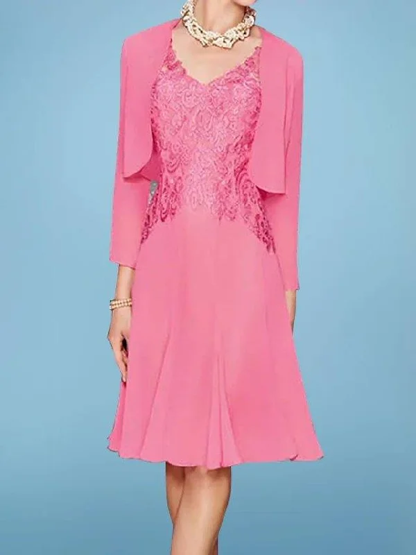 Two Piece A-Line Mother of the Bride Dress Elegant V Neck Knee Length Chiffon Lace 3/4 Length Sleeve with Pleats Appliques Two Piece A-Line Mother of the Bride Dress Elegant V Neck Knee Length Chiffon Lace 3/4 Length Sleeve with Pleats Appliques