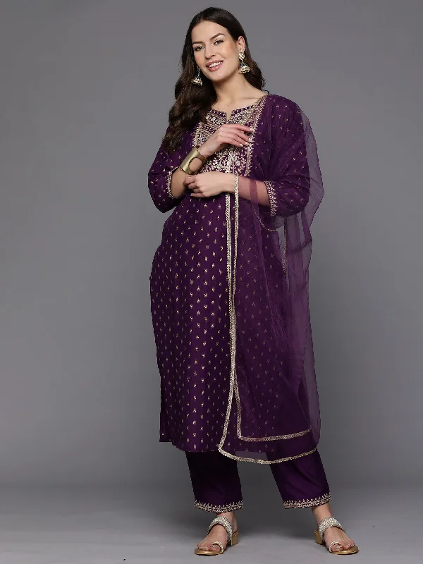 Women's Purple Embroidered Straight Kurta Trousers With Dupatta Set - Indo Era Trousers Brand Named