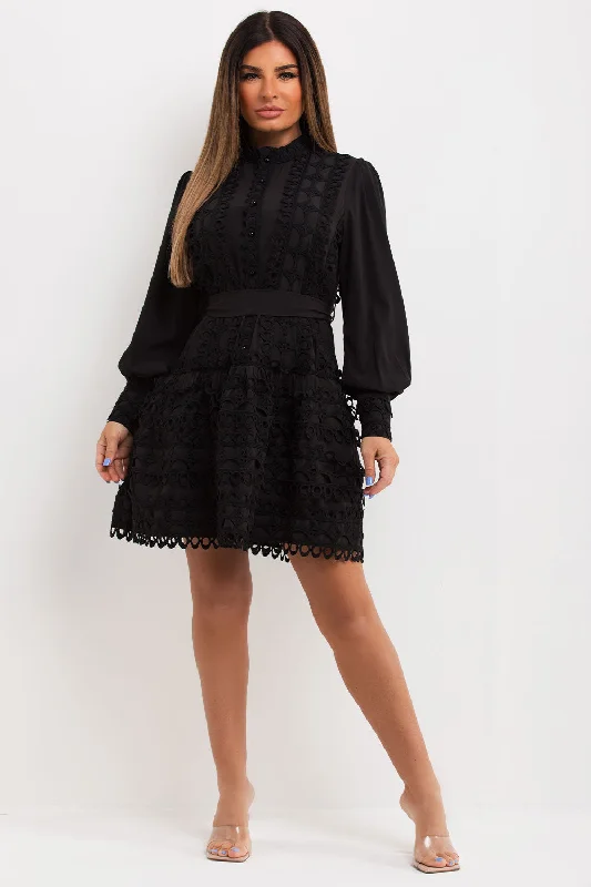 Black Lace Crochet Dress With Waist Belt
