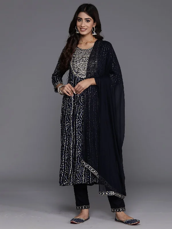 Women's Blue Embroidered A-Line Kurta Trousers With Dupatta Set - Indo Era Trousers Canvas Durable