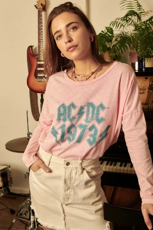 AC/DC 1973 Vintage-Wash Long-Sleeve Graphic Tee Spandex Blend Rayon Blend Denim Blend