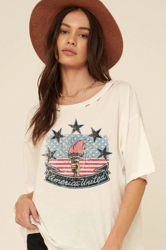 America United Distressed Graphic Tee Print Jacquard Patchwork