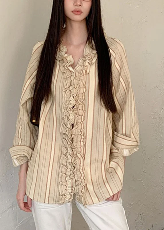 Art Beige V Neck Ruffled Striped Patchwork Shirts Spring Hooded Caped Shawl Collar