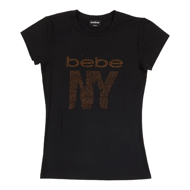 Bebe Women's Logo Rhinestone Tee V-Neck T-Shirt Long Sleeve Cotton