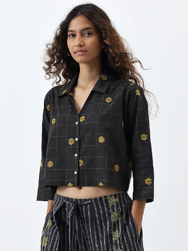 Bombay Paisley Black Floral Embroidered Cotton Shirt Collared T-Shirt Boat Neck A-Line