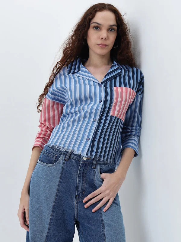 Bombay Paisley Blue Stripe Printed Cotton Shirt Zippered Front Buttoned Front Snap Front