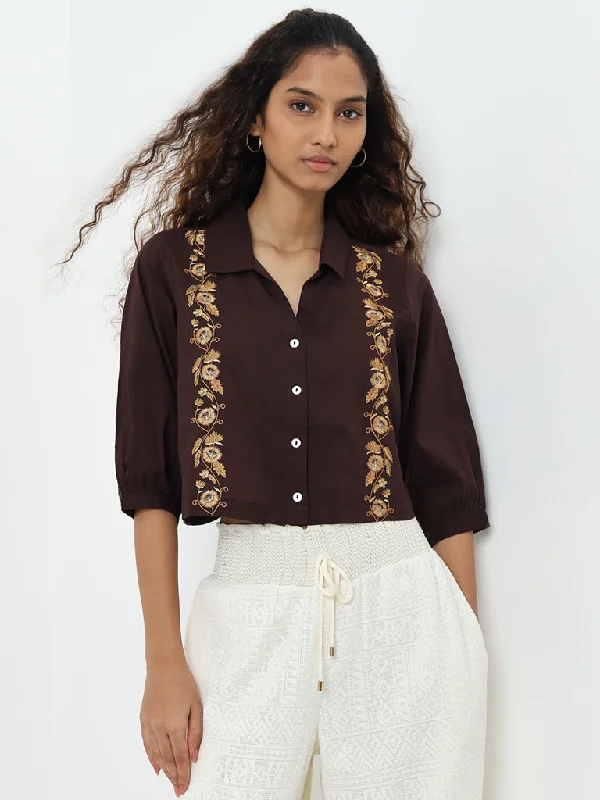 Bombay Paisley Dark Brown Floral Embroidered Cotton Shirt Welt Pockets Slit Pockets