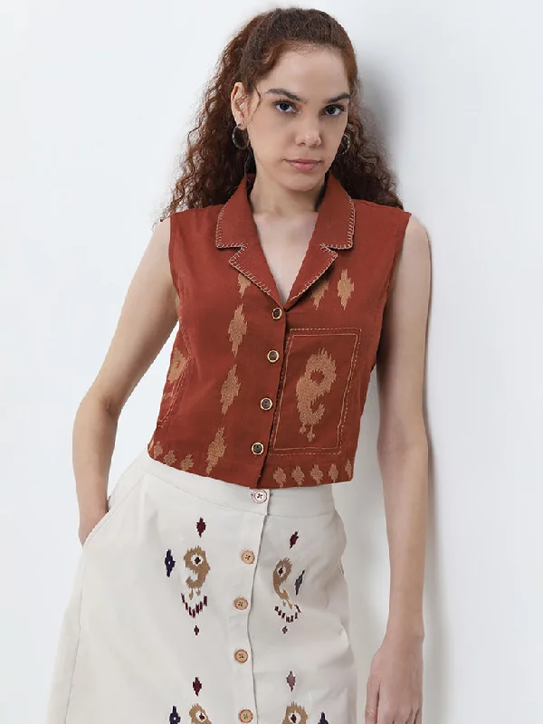 Bombay Paisley Dark Brown Ikat Printed Cotton Shirt Boxy Fit Fitted Loose