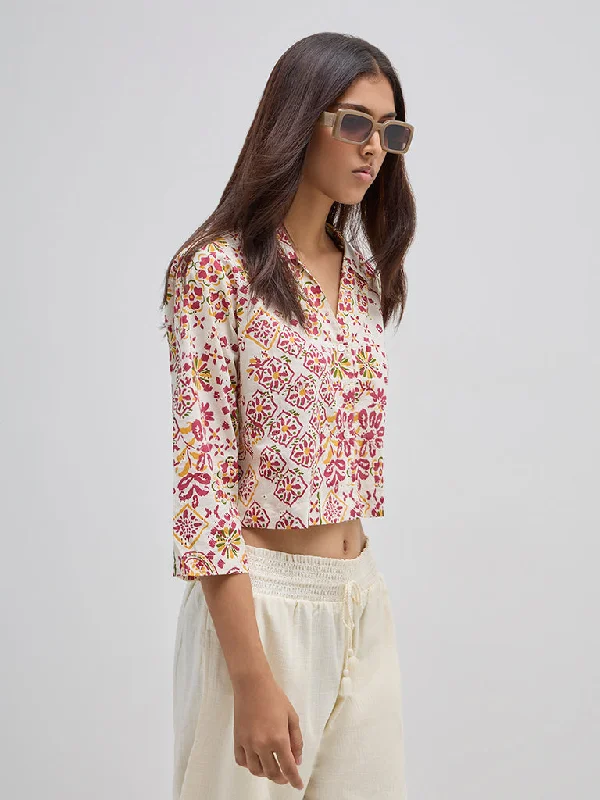 Bombay Paisley Off-White Floral Printed Cotton Shirt Sequined Glittery Shiny