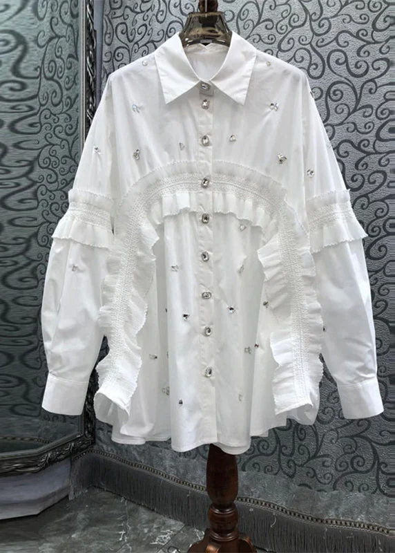Brief White Peter Pan Collar Ruffled Patchwork Nail Bead Shirts Spring Elegant Classic Vintage