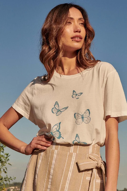 Butterfly Flight Vintage-Print Graphic Tee Real Fur Shearling Chenille