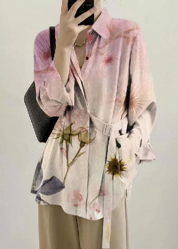 Chic Pink flowers Peter Pan Collar Lace Up Loose Shirt Top Fall Cashmere Blend Cotton Blend Poly Blend