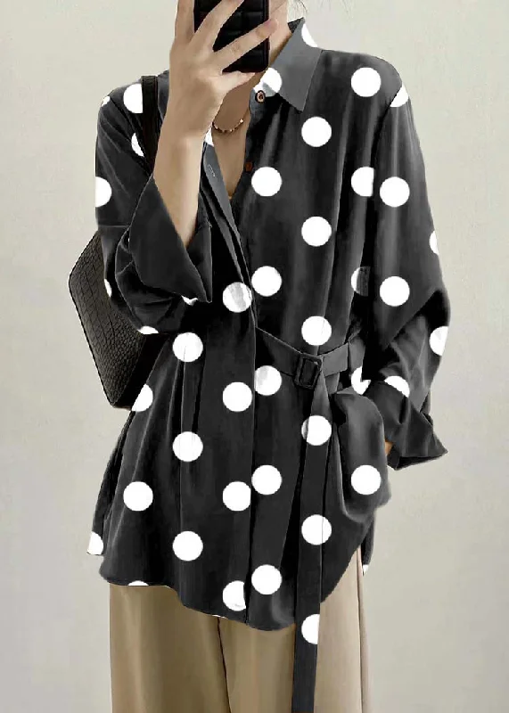 Chic Black polka dots Peter Pan Collar Lace Up Loose Shirt Top Fall Spandex Blend Rayon Blend Denim Blend