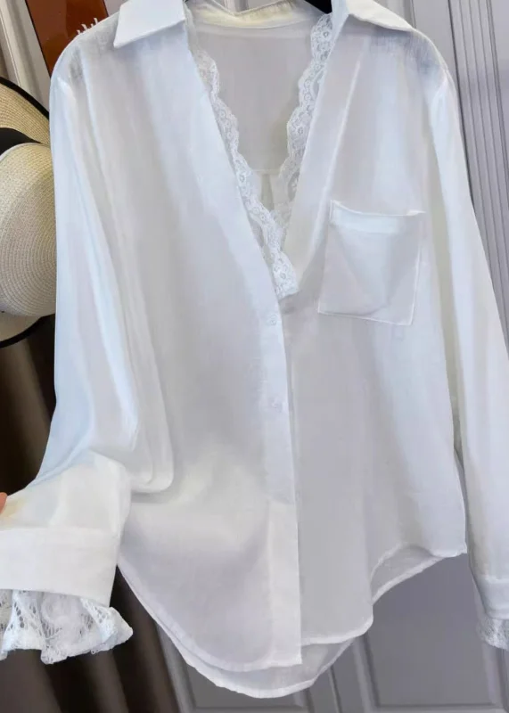 Chic White V Neck Lace Patchwork Shirts Spring Elasticated Padded Insulated