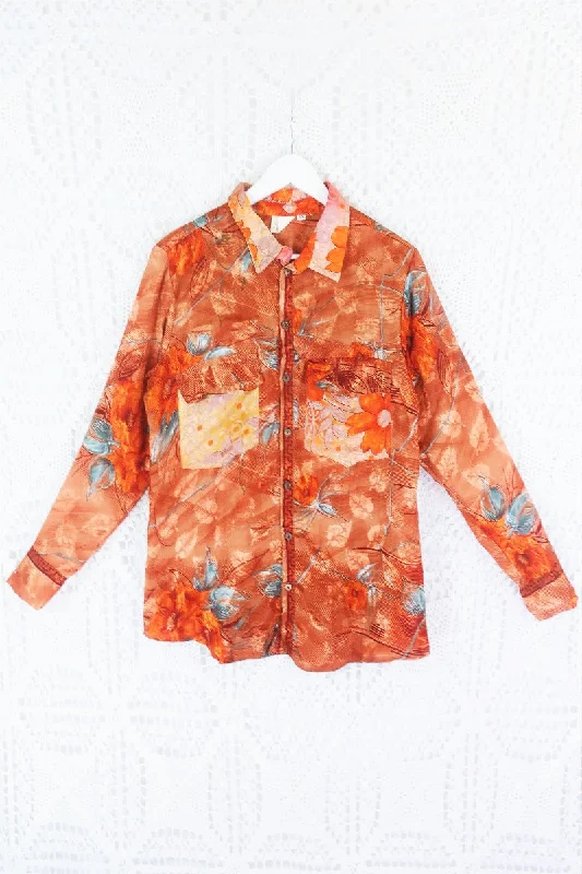 Clyde Shirt - Burnt Orange & Slate Botanical Jacquard - Vintage Indian Sari - S/M Notch Collar Peter Pan Collar Cowl Neck