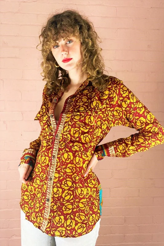 Clyde Shirt - Burnt Red & Topaz Floral - Vintage Indian Sari - XS V-Neck T-Shirt Long Sleeve Cotton