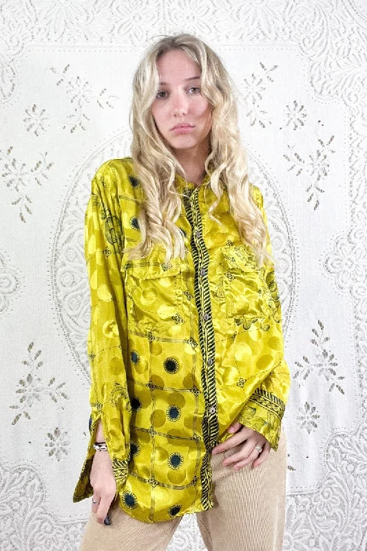 Clyde Shirt - Chartreuse Sunflower Floral - Vintage Indian Sari - S/M Mesh Blend Leather Blend Suede Blend