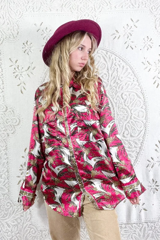 Clyde Shirt - Glam Rock Pink & Jet Paisley - Vintage Indian Sari - M/L Spandex Blend Rayon Blend Denim Blend