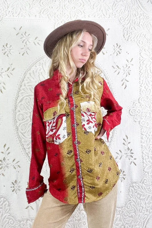 Clyde Shirt - Gold & Scarlet Red Bird Print - Vintage Indian Sari - S/M Rayon Fabric Velvet Fabric Corduroy Fabric