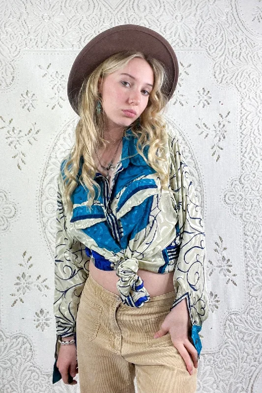Clyde Shirt - Ivory, Teal & Indigo Shimmer - Vintage Indian Sari - Free Size XXL Denim Fabric Leather Fabric Suede Fabric