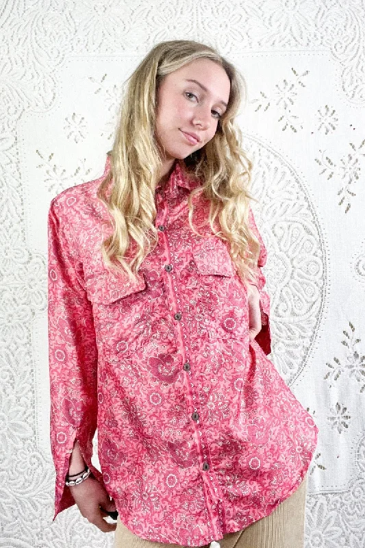 Clyde Shirt - Rose Pink & Champagne Jacquard - Vintage Indian Sari - S/M Ribbed Striped Patterned