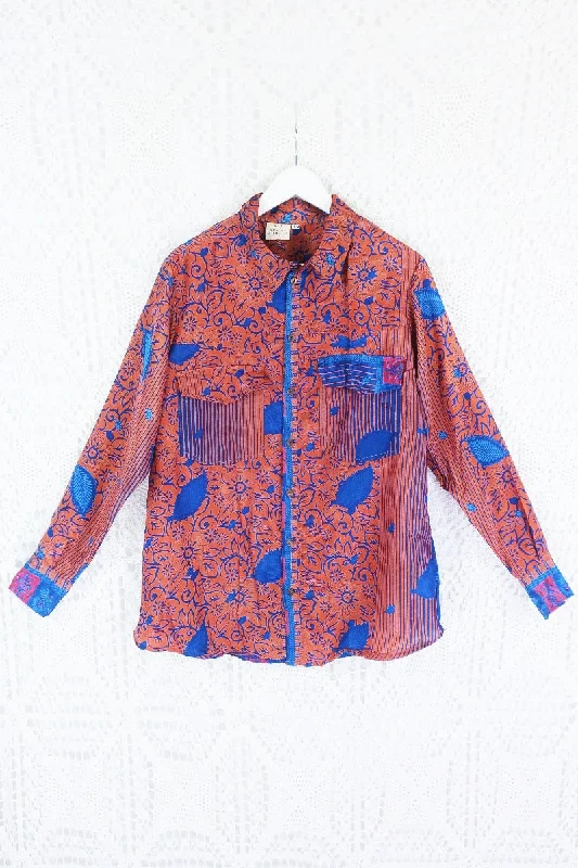 Clyde Shirt - Sun Bleached Orange & Blue Floral - Vintage Indian Sari - S/M Print Jacquard Patchwork