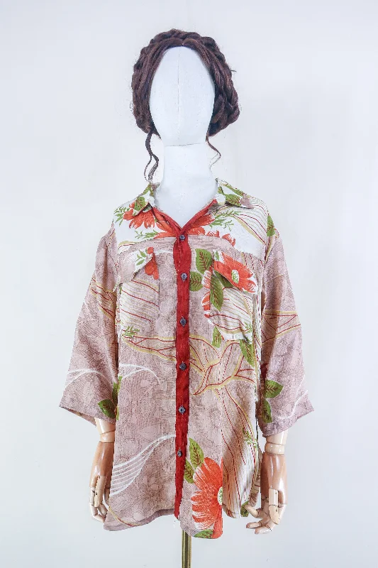 Clyde Shirt - Rose Gold & Rust Floral - Vintage Indian Sari - Free Size XL Casual Formal Business