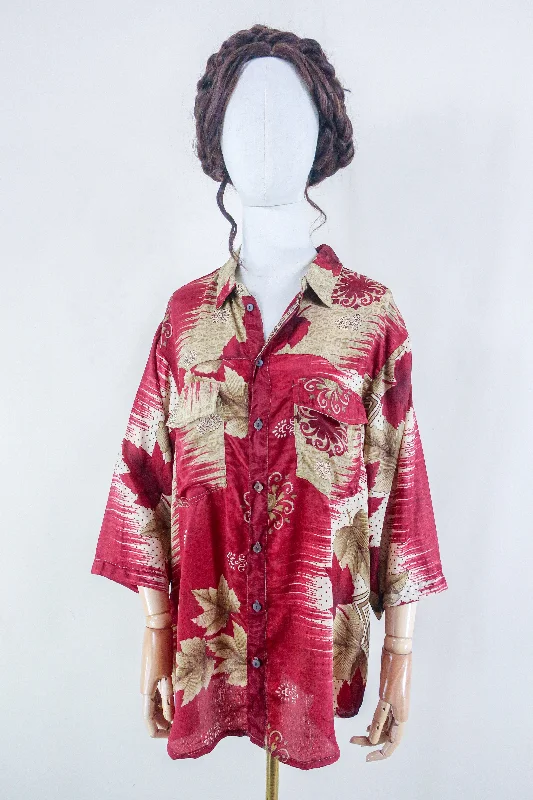 Clyde Shirt - Vintage Indian Sari - Ruby Maple Leaves - Free Size XL Knit Fabric Woven Fabric Fleece Fabric