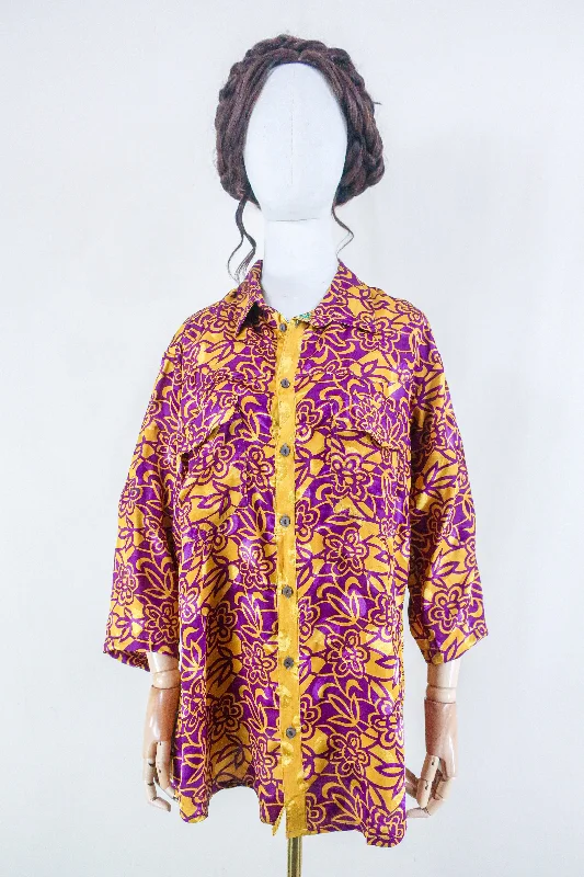 Clyde Shirt - Vivid Violet & Lemon - Vintage Indian Sari - Free Size XL Ribbed T-Shirt High Neck Heavyweight