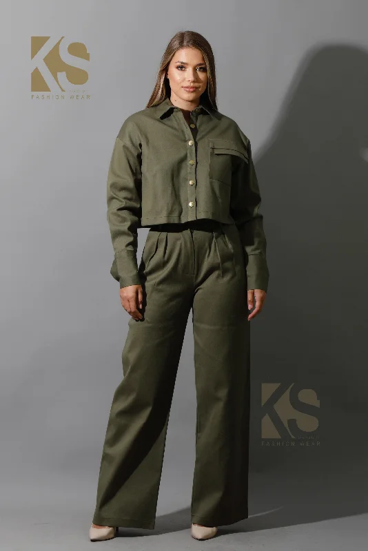 Co-ord Pleated Wide Leg Pants & Cropped Shirt Ribbed T-Shirt High Neck Heavyweight
