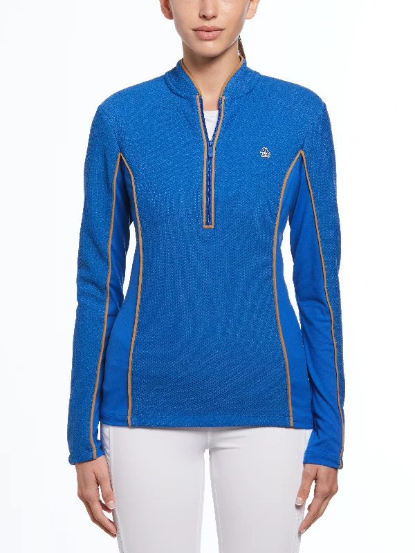 Women's Contrast Piping Quarter Zip Shirt Front Pockets Side Pockets Patch Pockets