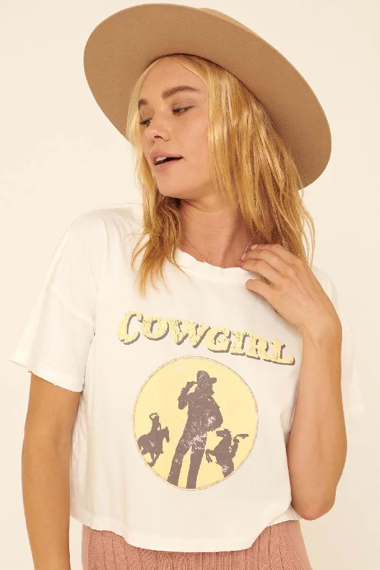 Cowgirl Vintage-Print Cropped Graphic Tee Rayon Velvet Corduroy