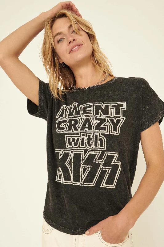 Crazy with KISS Vintage-Wash Graphic Tee Thin T-Shirt Open Front Quick Dry