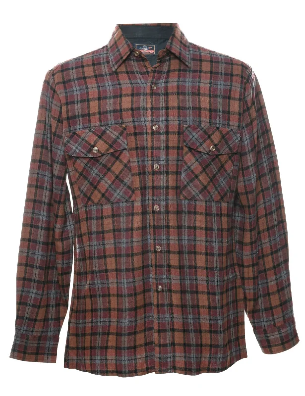 Dark Brown Plaid Shirt - M Asymmetrical Pockets Print