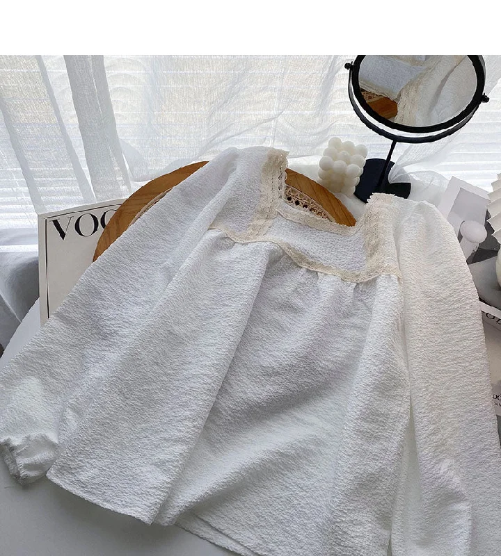 Design sense Vintage Lace Edge square neck thin shirt  6274 Zippered Front Buttoned Front Snap Front