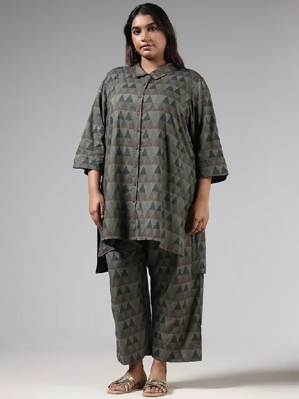 Diza Grey Geometric Printed Cotton Shirt Kurti Layered Multi-layer Single Layer
