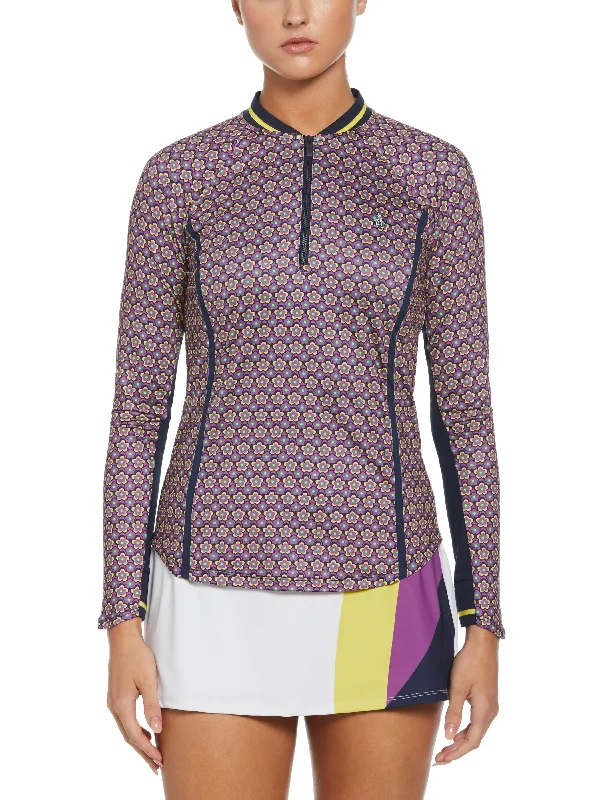 Women's Floral Print Sun Protection 1/4 Zip Shirt Collared Crew Neck Turtle Neck