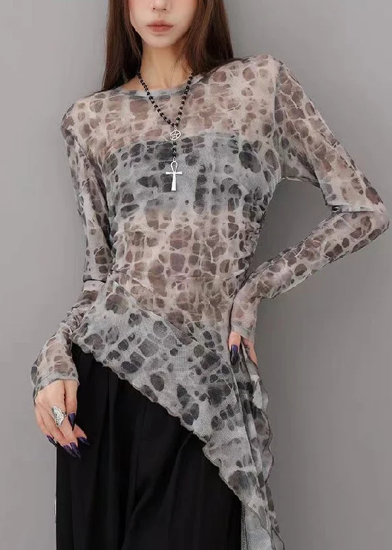 French Grey Leopard Asymmetrical Tie Dye Tulle T Shirts Fall Polka Dot Checkered Tartan